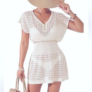 Women’s Swimsuit Cover up Crochet Mini Dress Summer Short Sleeve VNeck Beachwear